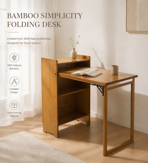 English Elm Bamboo Folding Writing Desk with Built-in Shelving for Small Space Home Office Use Brown W2641P499710