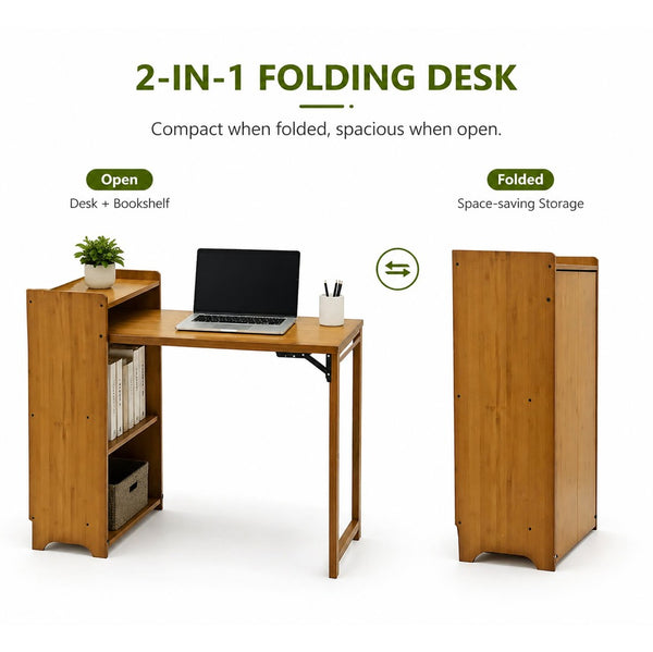 English Elm Bamboo Folding Writing Desk with Built-in Shelving for Small Space Home Office Use Brown W2641P499710