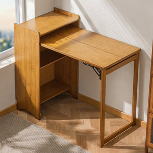 English Elm Bamboo Folding Writing Desk with Built-in Shelving for Small Space Home Office Use Brown W2641P499710