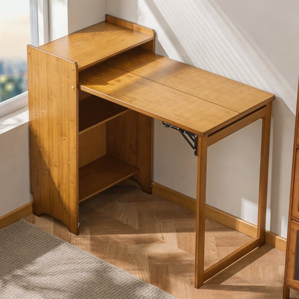 English Elm Bamboo Folding Writing Desk with Built-in Shelving for Small Space Home Office Use Brown W2641P499710