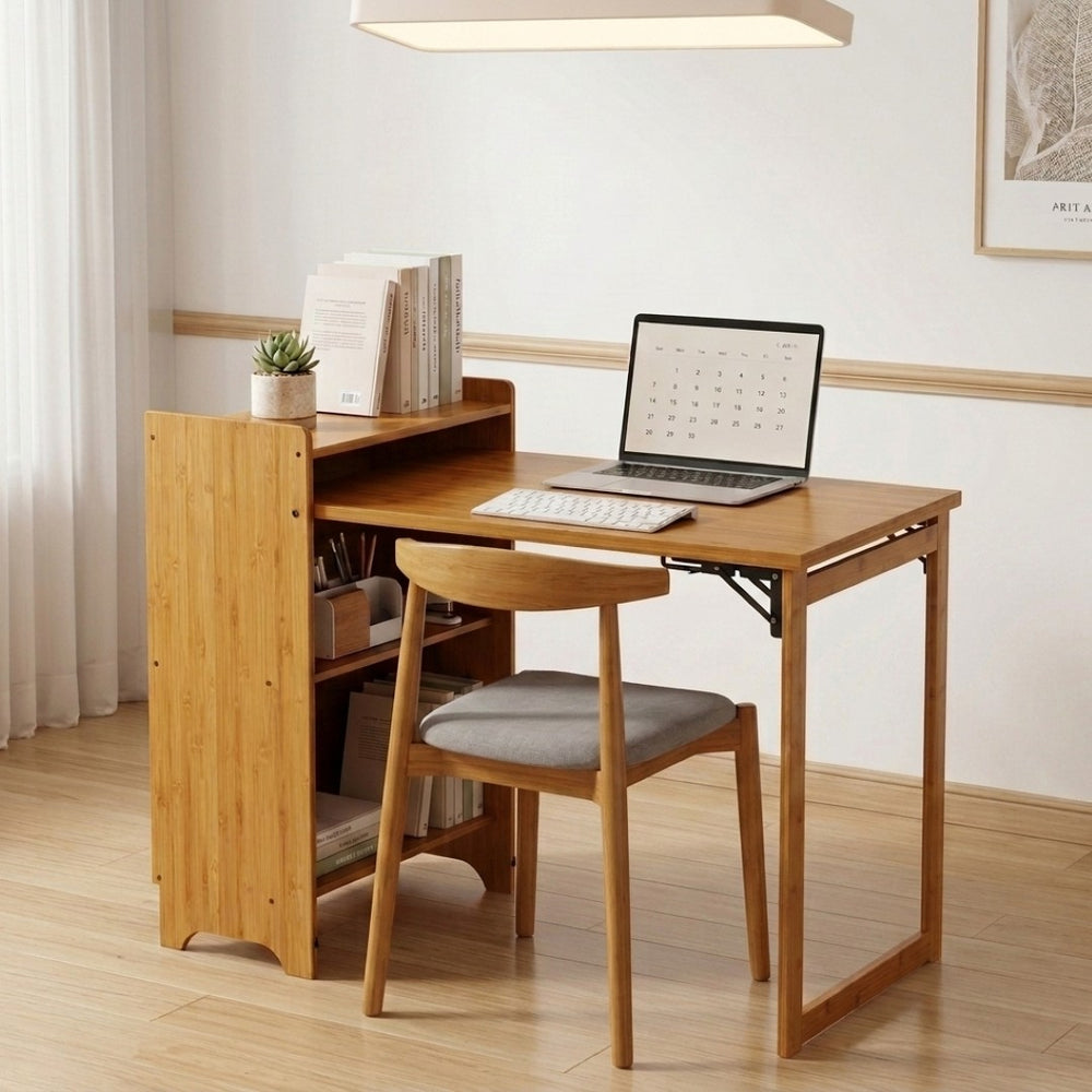 English Elm Bamboo Folding Writing Desk with Built-in Shelving for Small Space Home Office Use Natural W2641P499711