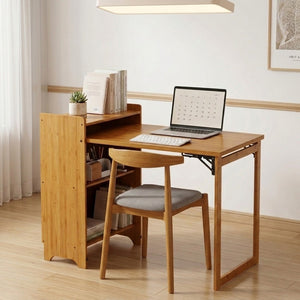 English Elm Bamboo Folding Writing Desk with Built-in Shelving for Small Space Home Office Use Natural W2641P499711