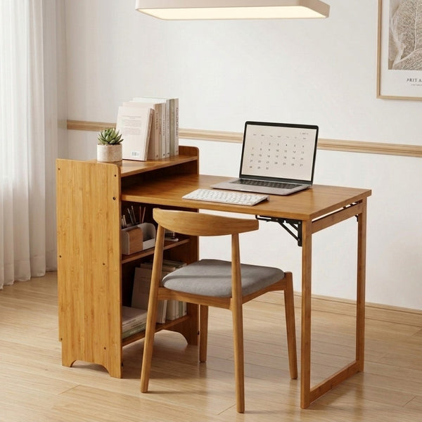 English Elm Bamboo Folding Writing Desk with Built-in Shelving for Small Space Home Office Use Natural W2641P499711
