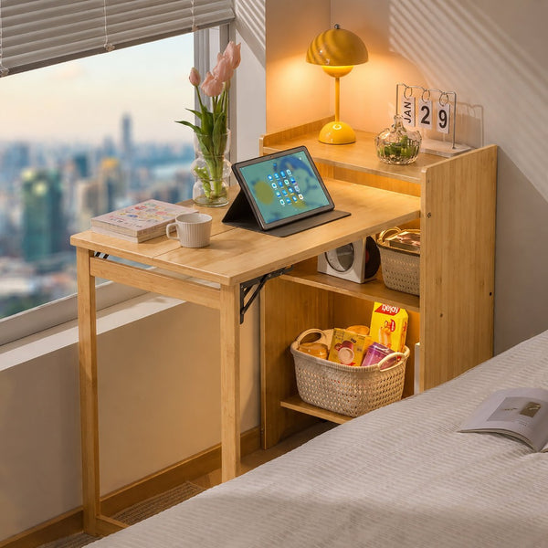 English Elm Bamboo Folding Writing Desk with Built-in Shelving for Small Space Home Office Use Natural W2641P499711