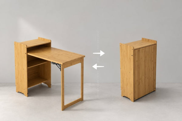 English Elm Bamboo Folding Writing Desk with Built-in Shelving for Small Space Home Office Use Natural W2641P499711