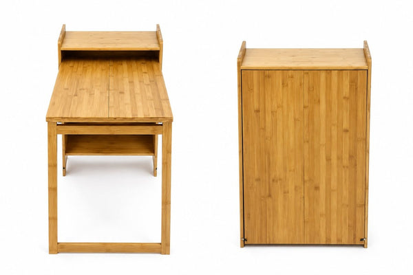 English Elm Bamboo Folding Writing Desk with Built-in Shelving for Small Space Home Office Use Natural W2641P499711