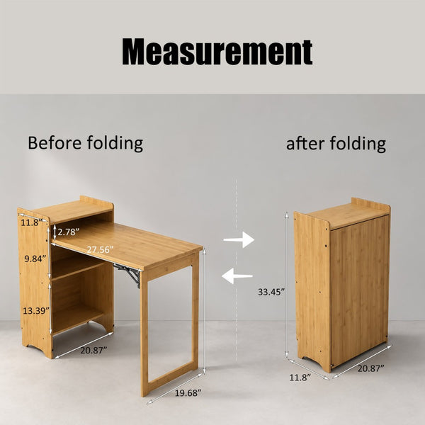 English Elm Bamboo Folding Writing Desk with Built-in Shelving for Small Space Home Office Use Natural W2641P499711