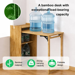 English Elm Bamboo Folding Writing Desk with Built-in Shelving for Small Space Home Office Use Natural W2641P499711