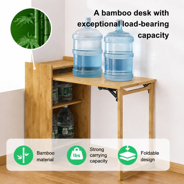 English Elm Bamboo Folding Writing Desk with Built-in Shelving for Small Space Home Office Use Natural W2641P499711