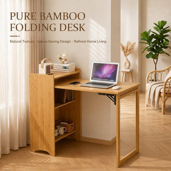 English Elm Bamboo Folding Writing Desk with Built-in Shelving for Small Space Home Office Use Natural W2641P499711
