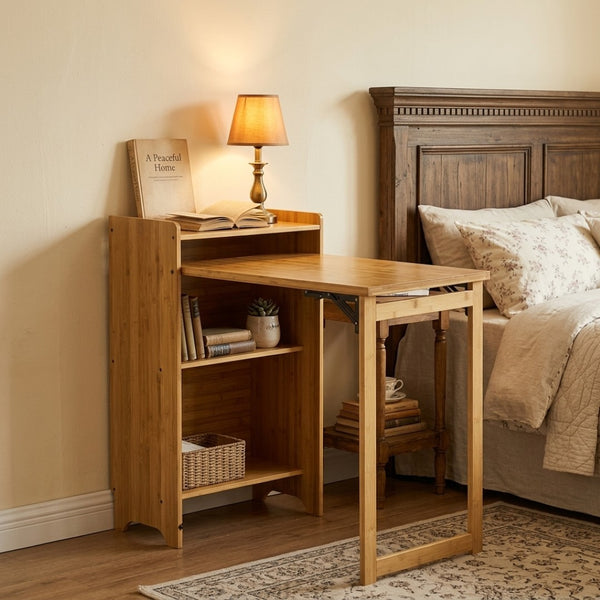 English Elm Bamboo Folding Writing Desk with Built-in Shelving for Small Space Home Office Use Natural W2641P499711