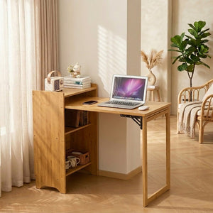 English Elm Bamboo Folding Writing Desk with Built-in Shelving for Small Space Home Office Use Natural W2641P499711