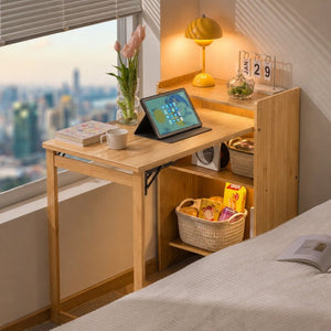 English Elm Bamboo Folding Writing Desk with Built-in Shelving for Small Space Home Office Use Natural W2641P499711