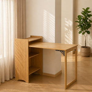 English Elm Bamboo Folding Writing Desk with Built-in Shelving for Small Space Home Office Use Natural W2641P499711