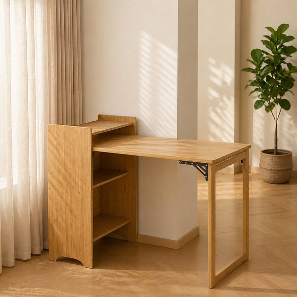 English Elm Bamboo Folding Writing Desk with Built-in Shelving for Small Space Home Office Use Natural W2641P499711