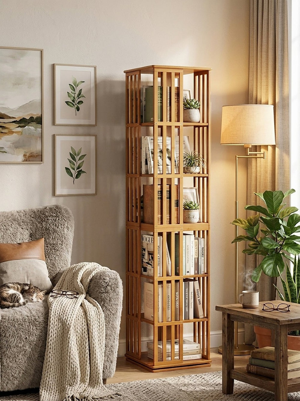 English Elm Rotating Bamboo Tower Bookshelf Six Tier Spinning Floor Storage Rack for Any Room W2641P499751