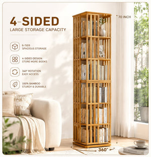 English Elm Rotating Bamboo Tower Bookshelf Six Tier Spinning Floor Storage Rack for Any Room W2641P499751