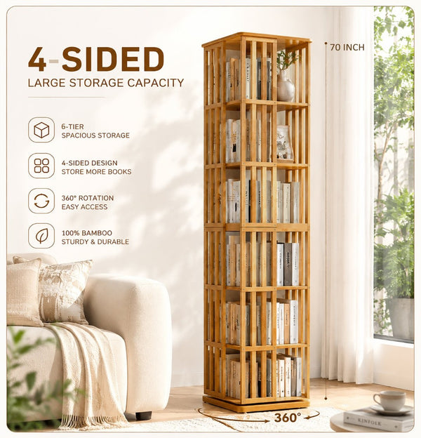 English Elm Rotating Bamboo Tower Bookshelf Six Tier Spinning Floor Storage Rack for Any Room W2641P499751