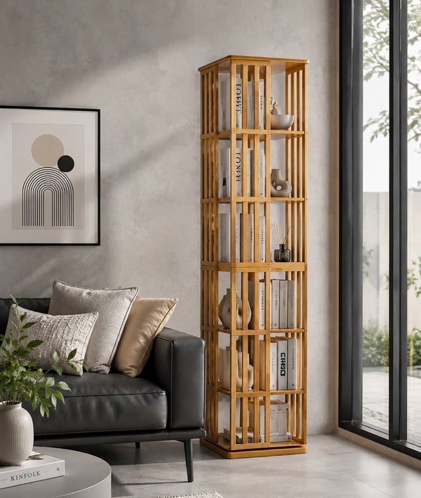 English Elm Rotating Bamboo Tower Bookshelf Six Tier Spinning Floor Storage Rack for Any Room W2641P499751