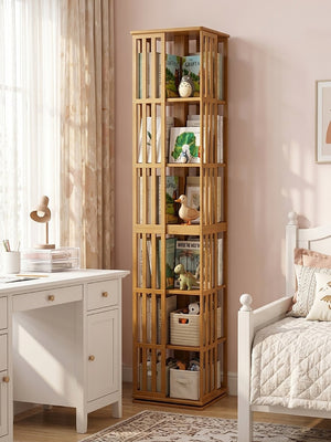 English Elm Rotating Bamboo Tower Bookshelf Six Tier Spinning Floor Storage Rack for Any Room W2641P499751