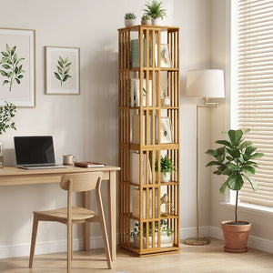 English Elm Rotating Bamboo Tower Bookshelf Six Tier Spinning Floor Storage Rack for Any Room W2641P499751