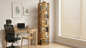 English Elm Rotating Bamboo Tower Bookshelf Six Tier Spinning Floor Storage Rack for Any Room W2641P499751