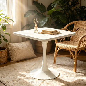 English Elm Square Tulip Pedestal Dining Table Mid Century Modern Bistro Style for Small Spaces White W2641P499882