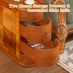 English Elm Wood Slim Nightstand with Two Drawers Vintage Walnut Finish Fully Assembled Bedside Table W2641P504450