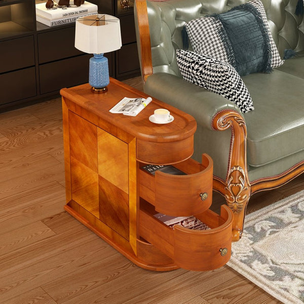 English Elm Wood Slim Nightstand with Two Drawers Vintage Walnut Finish Fully Assembled Bedside Table W2641P504450