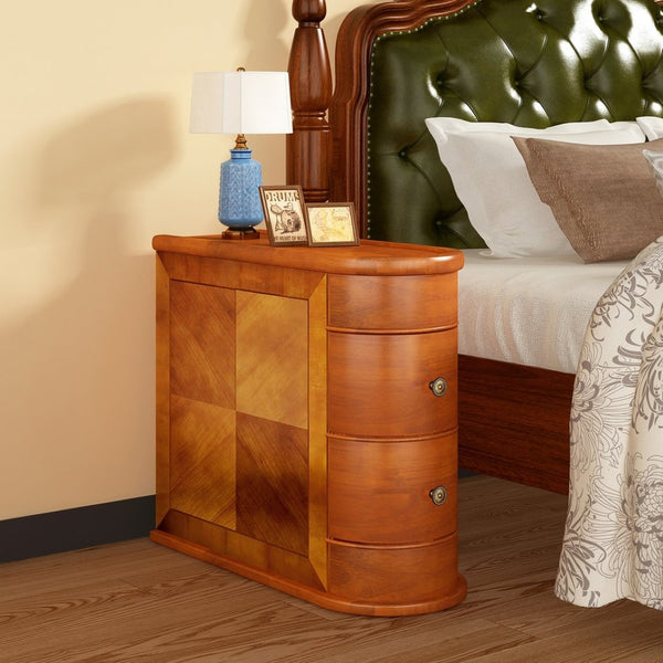 English Elm Wood Slim Nightstand with Two Drawers Vintage Walnut Finish Fully Assembled Bedside Table W2641P504450