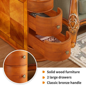 English Elm Wood Slim Nightstand with Two Drawers Vintage Walnut Finish Fully Assembled Bedside Table W2641P504450