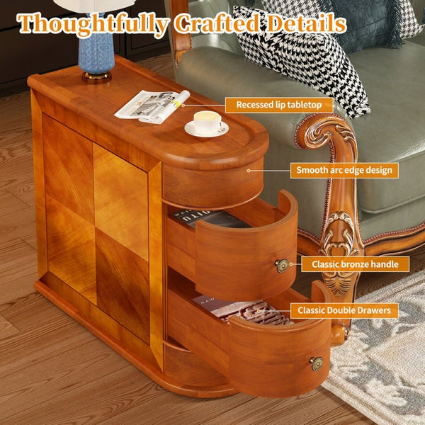 English Elm Wood Slim Nightstand with Two Drawers Vintage Walnut Finish Fully Assembled Bedside Table W2641P504450