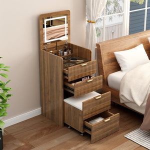 English Elm 3 in 1 Fluted Mdf Makeup Vanity with Flip Mirror Built Lighting and Rolling Stool W2641P504487