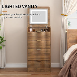 English Elm 3 in 1 Fluted Mdf Makeup Vanity with Flip Mirror Built Lighting and Rolling Stool W2641P504487