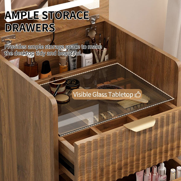 English Elm 3 in 1 Fluted Mdf Makeup Vanity with Flip Mirror Built Lighting and Rolling Stool W2641P504487