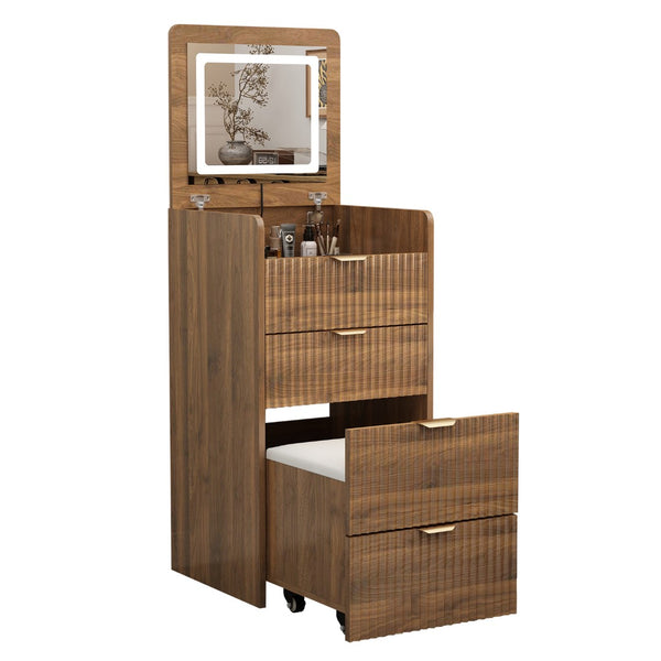 English Elm 3 in 1 Fluted Mdf Makeup Vanity with Flip Mirror Built Lighting and Rolling Stool W2641P504487