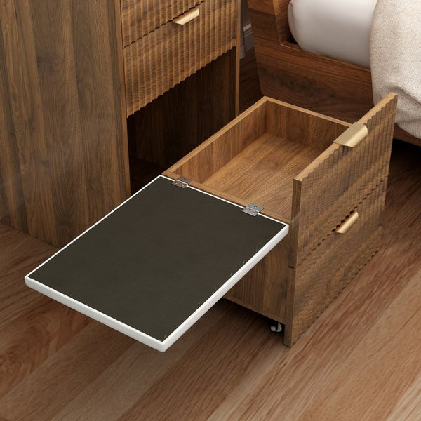 English Elm 3 in 1 Fluted Mdf Makeup Vanity with Flip Mirror Built Lighting and Rolling Stool W2641P504487