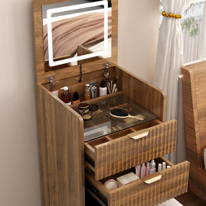 English Elm 3 in 1 Fluted Mdf Makeup Vanity with Flip Mirror Built Lighting and Rolling Stool W2641P504487