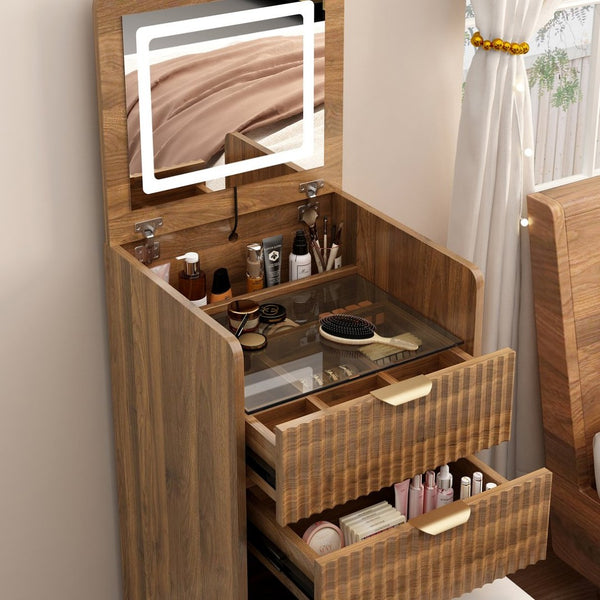 English Elm 3 in 1 Fluted Mdf Makeup Vanity with Flip Mirror Built Lighting and Rolling Stool W2641P504487