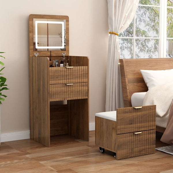 English Elm 3 in 1 Fluted Mdf Makeup Vanity with Flip Mirror Built Lighting and Rolling Stool W2641P504487