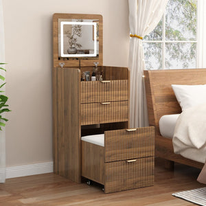 English Elm 3 in 1 Fluted Mdf Makeup Vanity with Flip Mirror Built Lighting and Rolling Stool W2641P504487