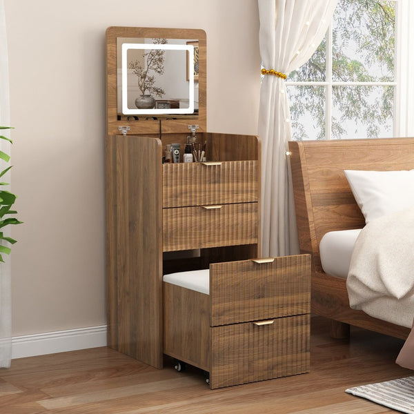 English Elm 3 in 1 Fluted Mdf Makeup Vanity with Flip Mirror Built Lighting and Rolling Stool W2641P504487