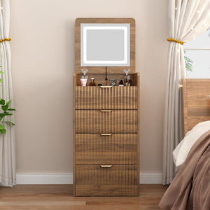 English Elm 3 in 1 Fluted Mdf Makeup Vanity with Flip Mirror Built Lighting and Rolling Stool W2641P504487