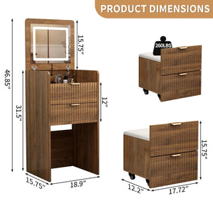English Elm 3 in 1 Fluted Mdf Makeup Vanity with Flip Mirror Built Lighting and Rolling Stool W2641P504487