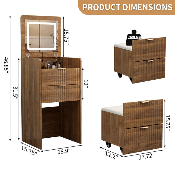 English Elm 3 in 1 Fluted Mdf Makeup Vanity with Flip Mirror Built Lighting and Rolling Stool W2641P504487