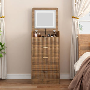 English Elm 3 in 1 Fluted Mdf Makeup Vanity with Flip Mirror Built Lighting and Rolling Stool W2641P504487