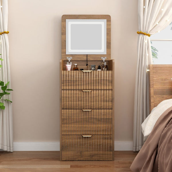 English Elm 3 in 1 Fluted Mdf Makeup Vanity with Flip Mirror Built Lighting and Rolling Stool W2641P504487