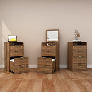 English Elm 3 in 1 Fluted Mdf Makeup Vanity with Flip Mirror Built Lighting and Rolling Stool W2641P504487