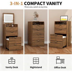 English Elm 3 in 1 Fluted Mdf Makeup Vanity with Flip Mirror Built Lighting and Rolling Stool W2641P504487