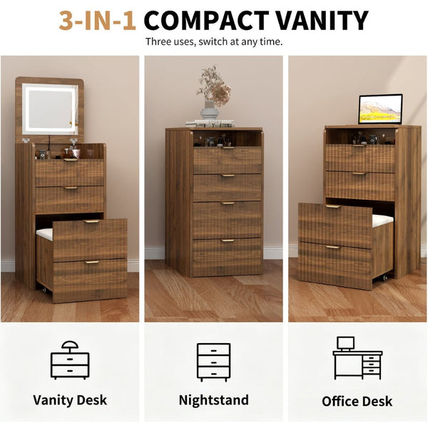 English Elm 3 in 1 Fluted Mdf Makeup Vanity with Flip Mirror Built Lighting and Rolling Stool W2641P504487